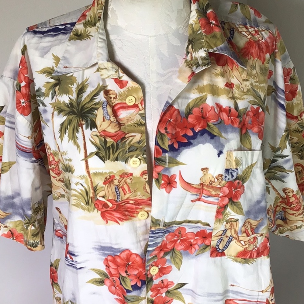 Bear Hawaiian ukulele hula themed button up shirt